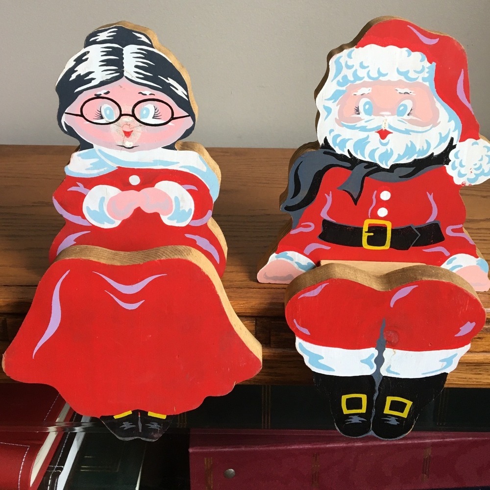 Vintage Handpainted Wooden Santa And Mrs. Claus Shelf Sitters Christmas Decor